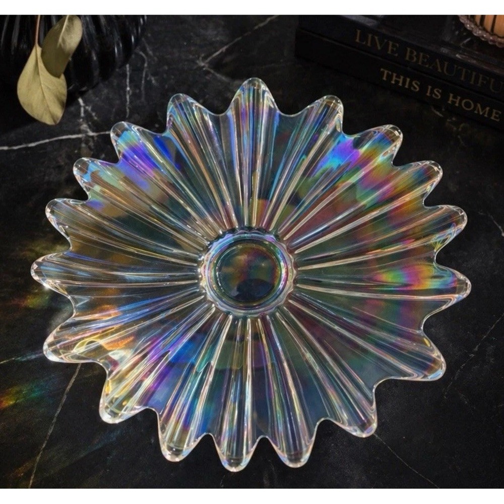 FEDERAL GLASS 1960s MCM Celestial Iridescent Atomic Petals Round Bowl 12" EUC